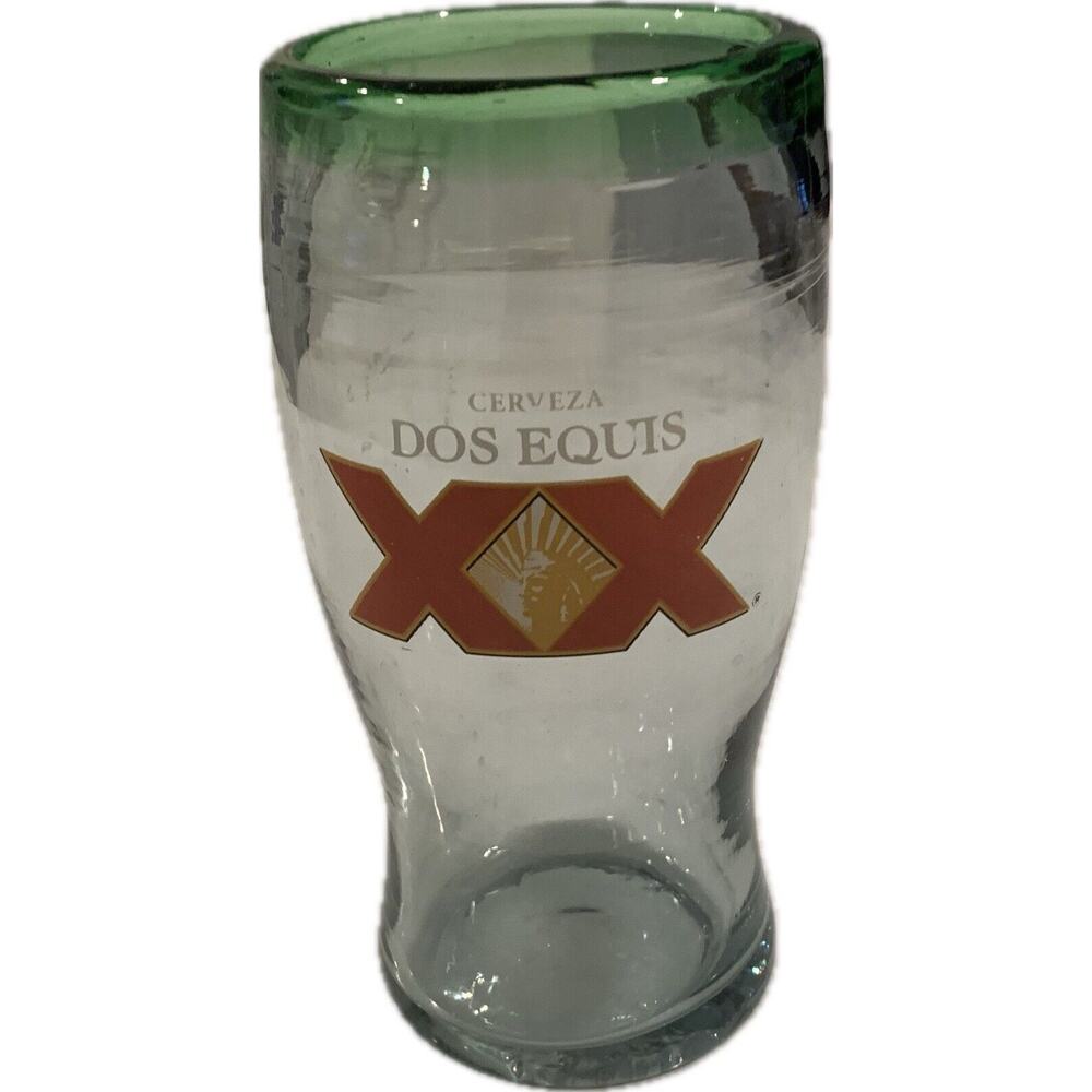 Dos Equis XX Cerveza Beer Pint Glass Hand Blown Green Rim Thick Made In Mexico